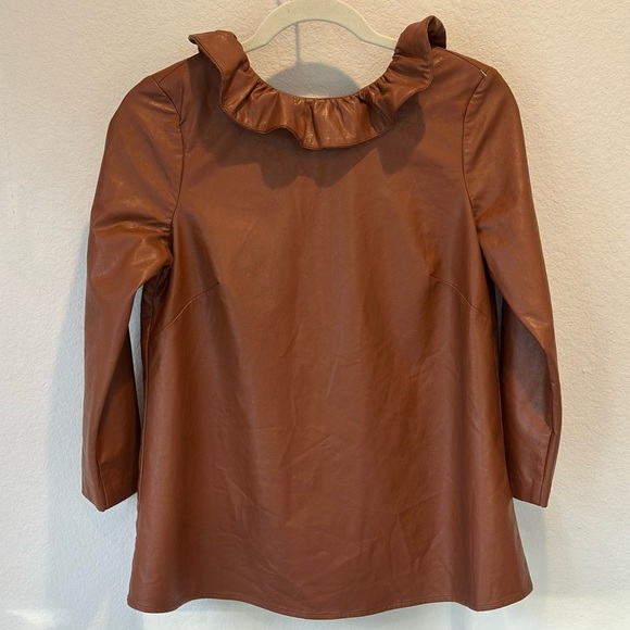 Tuckernuck Cognac Faux Leather Faye Ruffle Bow Neck Quarter Sleeve Blouse- XS - Picture 5 of 9